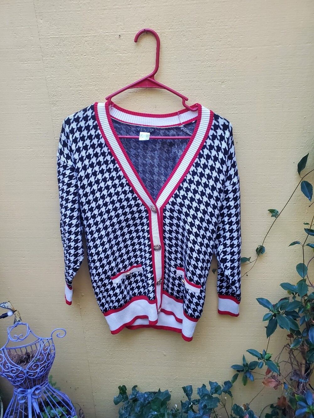VENUS Black & White Houndstooth Cardigan with Red Trim